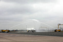 A water cannon salute greets Vueling's inaugural flight from Barcelona