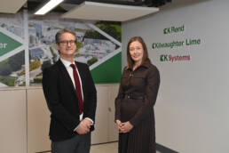 Gary Wilmot, CEO, Kilwaughter Minerals pictured with Caroline Rowley, Head of Business Development, Kilwaughter Minerals. The business has been shortlisted for two coveted titles as part of this year’s Construction Marketing Awards (CMAs).